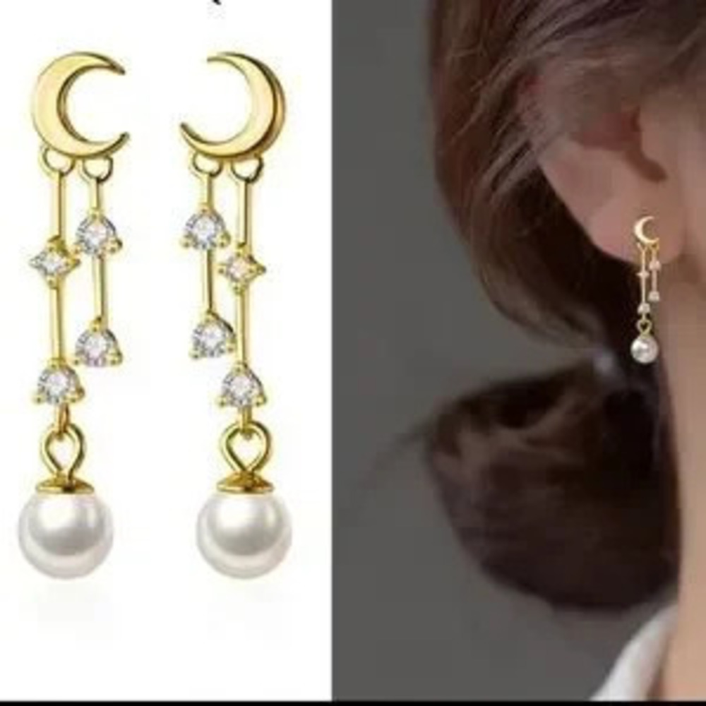 Gold and White Moon Drop Earrings